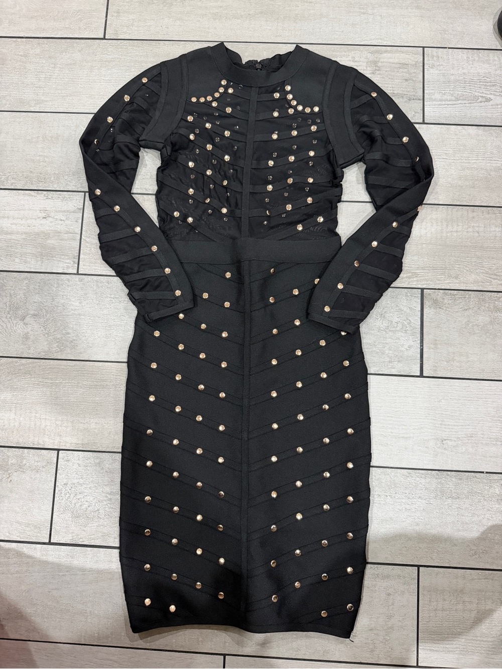 Black Long-Sleeve Studded Bodycon Dress by